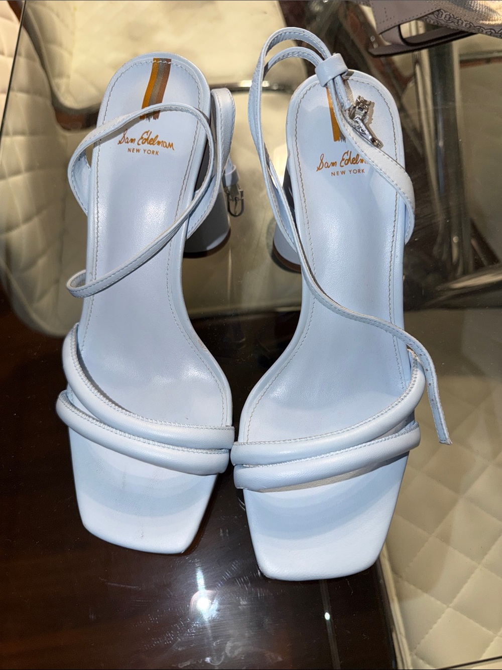 Sam Edelman Pale Blue Strappy Block Heel Sandals